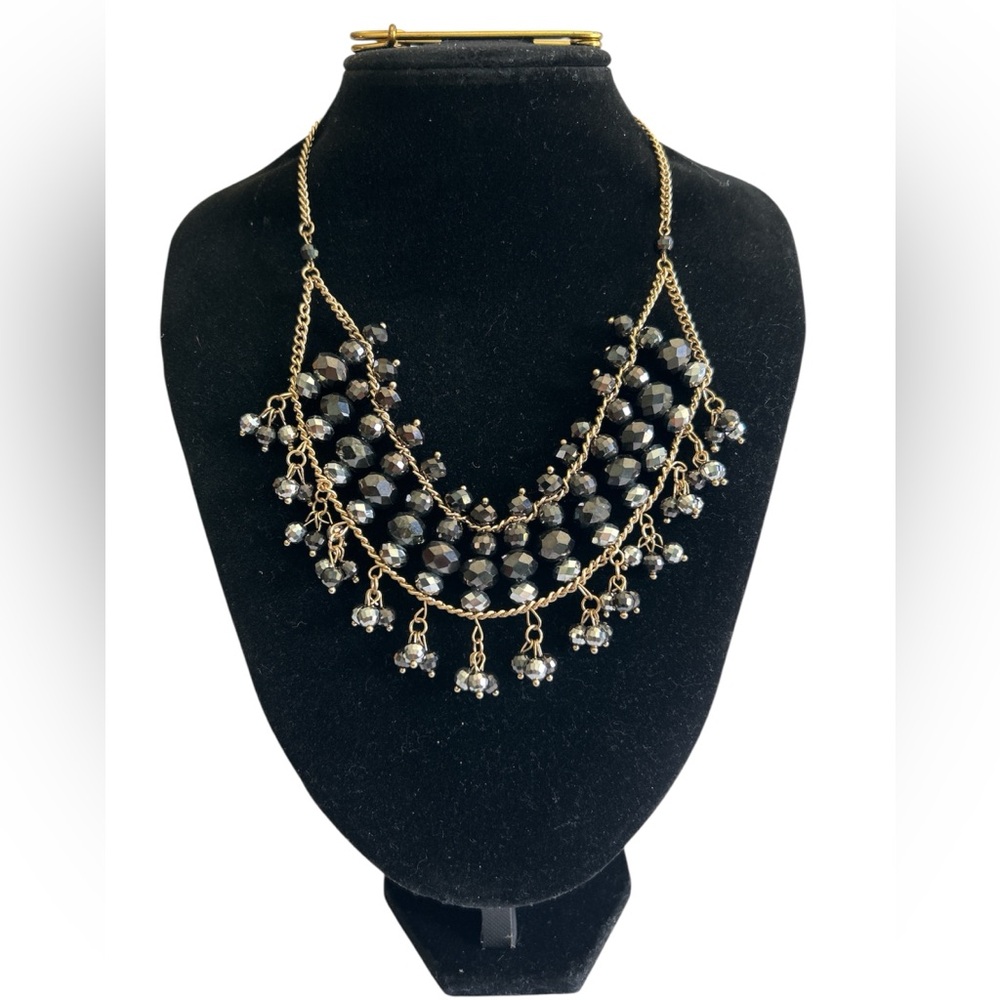 Chico's Gold Tone Black And Silver Multi Layer Beaded Statement Necklace